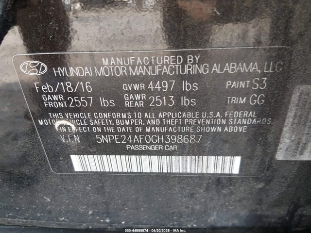 Aukcja sprzedaży 2016 Hyundai Sonata, vin: 5NPE24AF0GH398687, numer aukcji: 44990874
