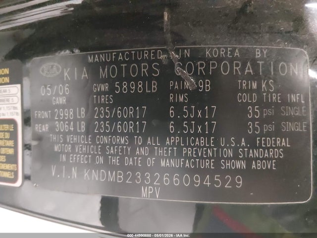 44990880 :رقم المزاد ، KNDMB233266094529 vin ، 2006 Kia Sedona Ex/lx مزاد بيع