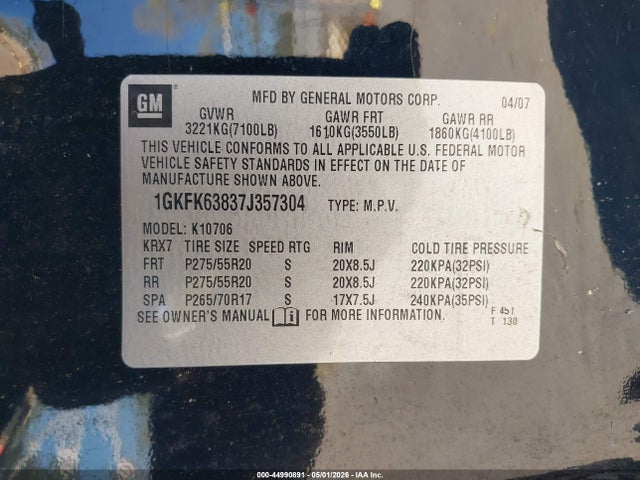 2007 Gmc Yukon Denali მანქანა იყიდება აუქციონზე, vin: 1GKFK63837J357304, აუქციონის ნომერი: 44990891