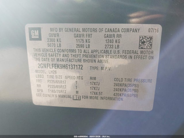 Aukcja sprzedaży 2017 Chevrolet Equinox Lt, vin: 2GNFLFEK9H6137172, numer aukcji: 44990894