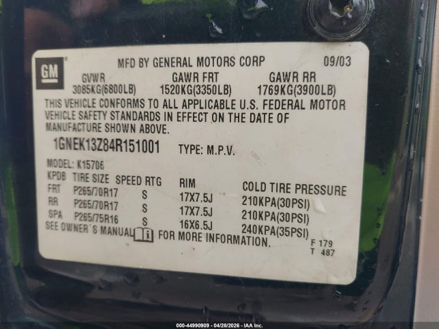 Auction sale of the 2004 Chevrolet Tahoe Z71, vin: 1GNEK13Z84R151001, lot number: 44990909