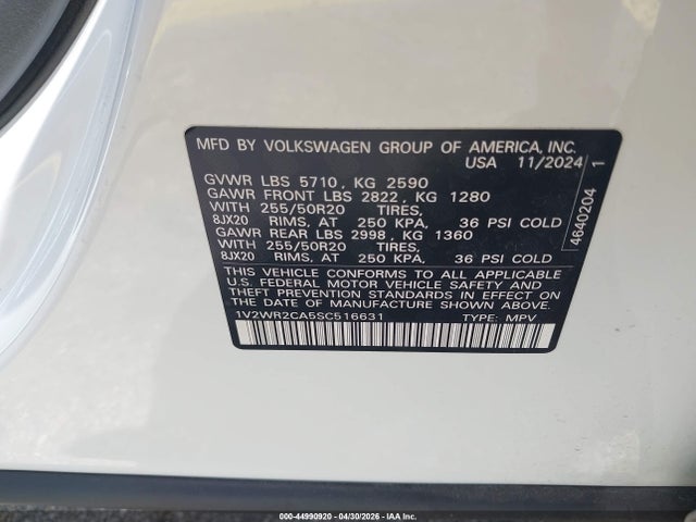 Aukcja sprzedaży 2025 Volkswagen Atlas 2.0t Se W/technology, vin: 1V2WR2CA5SC516631, numer aukcji: 44990920