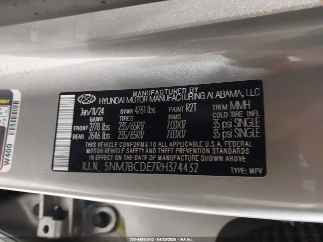 2024 Hyundai Tucson Sel მანქანა იყიდება აუქციონზე, vin: 5NMJBCDE7RH374432, აუქციონის ნომერი: 44990942