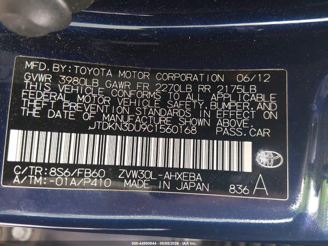 Aukcja sprzedaży 2012 Toyota Prius, vin: JTDKN3DU9C1560168, numer aukcji: 44990944