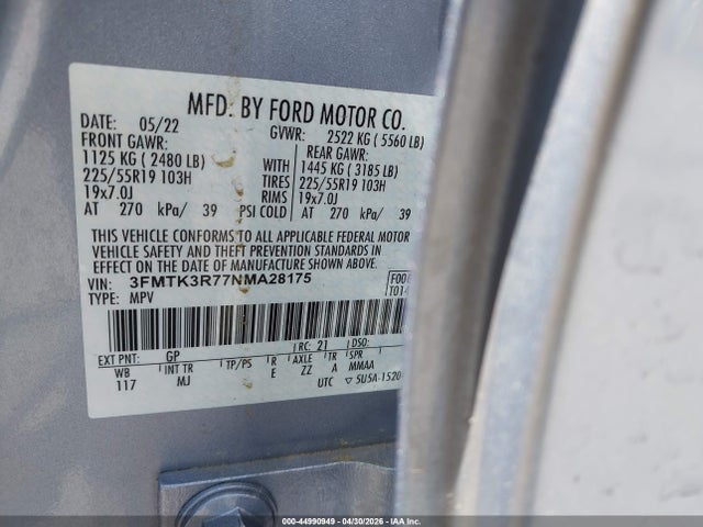 Aukcja sprzedaży 2022 Ford Mustang Mach-e Premium, vin: 3FMTK3R77NMA28175, numer aukcji: 44990949