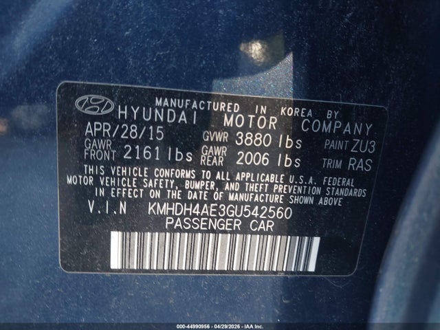 2016 Hyundai Elantra Se მანქანა იყიდება აუქციონზე, vin: KMHDH4AE3GU542560, აუქციონის ნომერი: 44990956