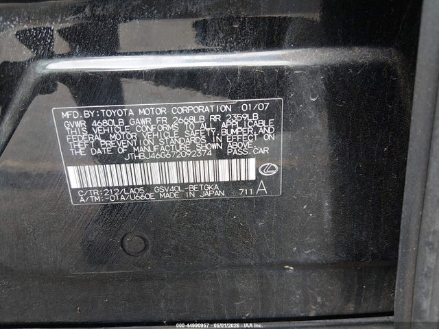 44990957 :رقم المزاد ، JTHBJ46G672092374 vin ، 2007 Lexus Es 350 مزاد بيع
