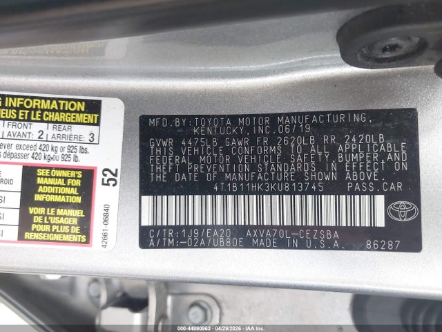 2019 Toyota Camry Se მანქანა იყიდება აუქციონზე, vin: 4T1B11HK3KU813745, აუქციონის ნომერი: 44990963