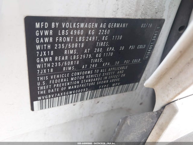 2016 Volkswagen Tiguan Se მანქანა იყიდება აუქციონზე, vin: WVGBV7AX5GW600093, აუქციონის ნომერი: 44990966