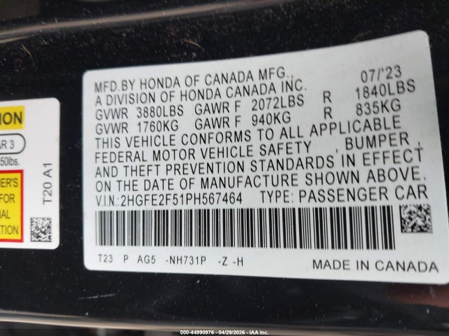 2023 Honda Civic Sport მანქანა იყიდება აუქციონზე, vin: 2HGFE2F51PH567464, აუქციონის ნომერი: 44990976