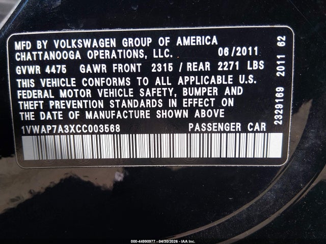 2012 Volkswagen Passat 2.5l S მანქანა იყიდება აუქციონზე, vin: 1VWAP7A3XCC003568, აუქციონის ნომერი: 44990977