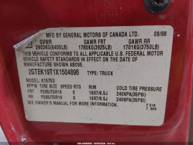 Auction sale of the 1999 Gmc Sierra 1500 Sle, vin: 2GTEK19T1X1504896, lot number: 44990988