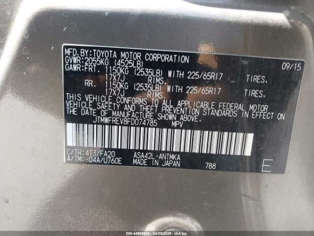 Продажа на аукционе авто 2015 Toyota Rav4 Xle, vin: JTMWFREV8FD074785, номер лота: 44990994