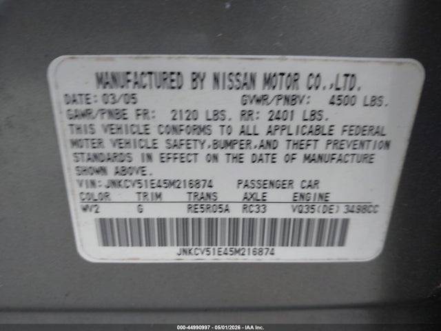 44990997 :رقم المزاد ، JNKCV51E45M216874 vin ، 2005 Infiniti G35 مزاد بيع