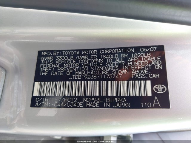 44991002 :رقم المزاد ، JTDBT923671173747 vin ، 2007 Toyota Yaris مزاد بيع
