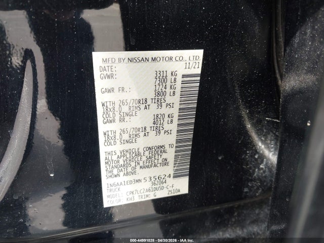 Aukcja sprzedaży 2021 Nissan Titan Sv 4x4, vin: 1N6AA1ED3MN535624, numer aukcji: 44991028