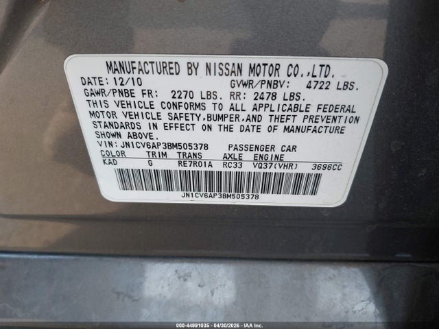44991035 :رقم المزاد ، JN1CV6AP3BM505378 vin ، 2011 Infiniti G37 Journey مزاد بيع