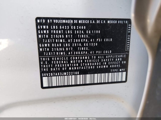44991041 :رقم المزاد ، 3VV2B7AX3JM222166 vin ، 2018 Volkswagen Tiguan 2.0t Se/2.0t Sel مزاد بيع