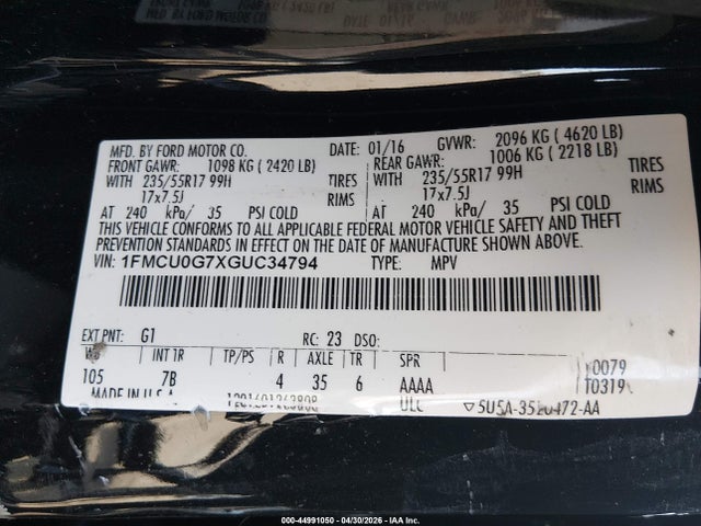 44991050 :رقم المزاد ، 1FMCU0G7XGUC34794 vin ، 2016 Ford Escape Se مزاد بيع