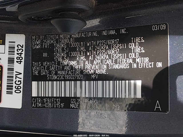 Aukcja sprzedaży 2009 Toyota Sienna Le, vin: 5TDBK23C19S027920, numer aukcji: 44991052