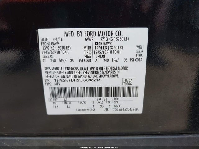 Aukcja sprzedaży 2016 Ford Explorer Xlt, vin: 1FM5K7DH5GGC98213, numer aukcji: 44991072