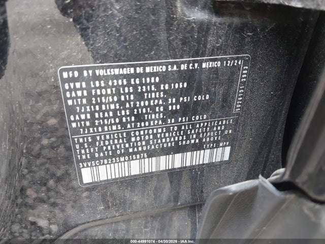 2025 Volkswagen Taos 1.5t Se მანქანა იყიდება აუქციონზე, vin: 3VVSC7B23SM015875, აუქციონის ნომერი: 44991074