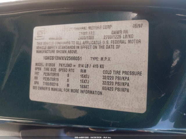 44991080 :رقم المزاد ، 1GKCS13WXV2566051 vin ، 1997 Gmc Jimmy Slt مزاد بيع