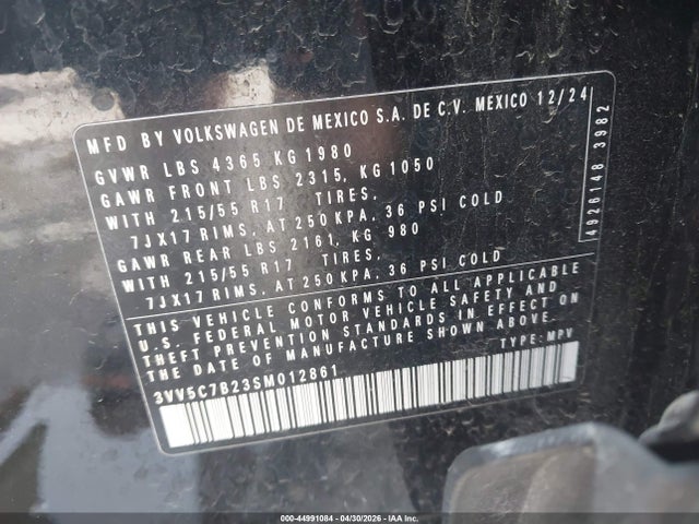 2025 Volkswagen Taos 1.5t S მანქანა იყიდება აუქციონზე, vin: 3VV5C7B23SM012861, აუქციონის ნომერი: 44991084