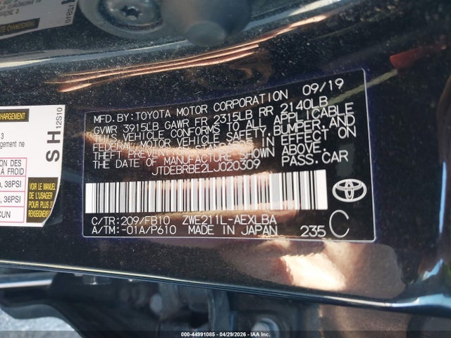 Продажа на аукционе авто 2020 Toyota Corolla Hybrid Le, vin: JTDEBRBE2LJ020309, номер лота: 44991085