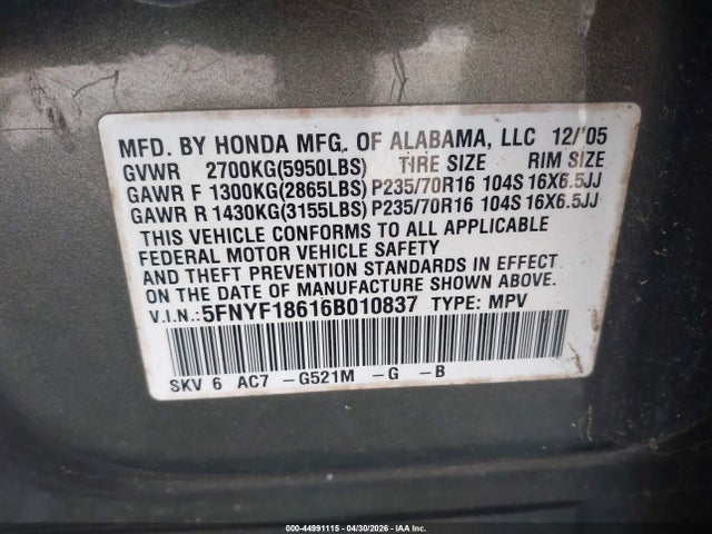 44991115 :رقم المزاد ، 5FNYF18616B010837 vin ، 2006 Honda Pilot Ex-l مزاد بيع