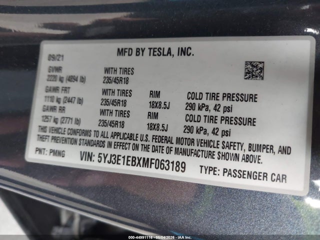 Продаж на аукціоні авто 2021 Tesla Model 3 Long Range Dual Motor All-wheel Drive, vin: 5YJ3E1EBXMF063189, номер лоту: 44991116