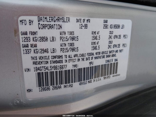 Aukcja sprzedaży 2000 Dodge Grand Caravan Le, vin: 1B4GT54L5YB616877, numer aukcji: 44991124