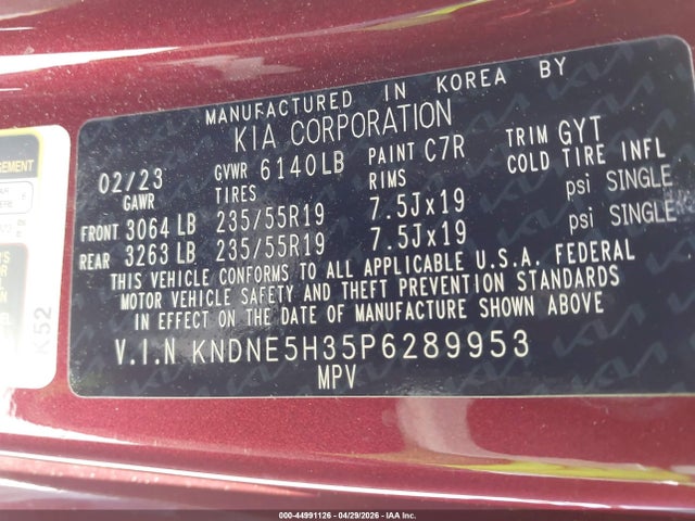 Aukcja sprzedaży 2023 Kia Carnival Mpv Sx Prestige, vin: KNDNE5H35P6289953, numer aukcji: 44991126