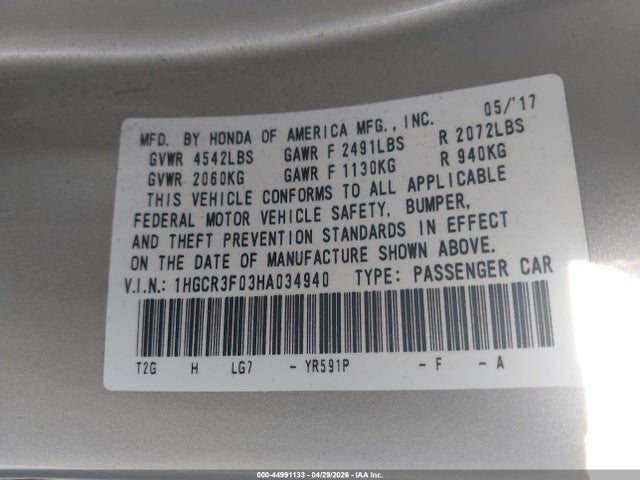 1HGCR3F03HA034940 Honda Accord Ex-l V6