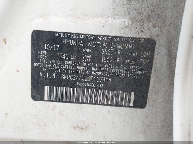 2018 Hyundai Accent Se მანქანა იყიდება აუქციონზე, vin: 3KPC24A32JE007418, აუქციონის ნომერი: 44991136