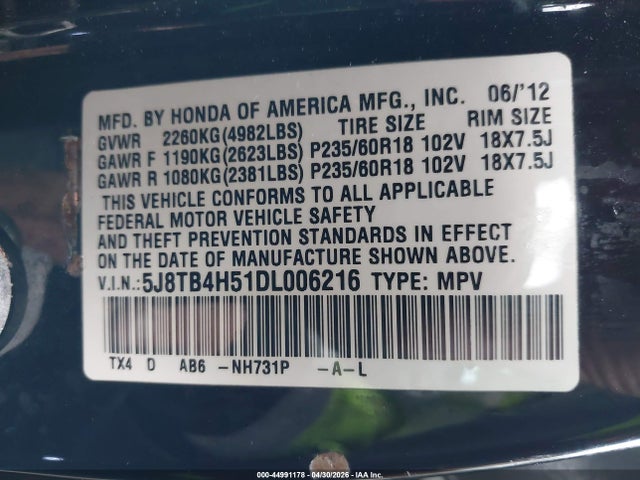 44991178 :رقم المزاد ، 5J8TB4H51DL006216 vin ، 2013 Acura Rdx مزاد بيع