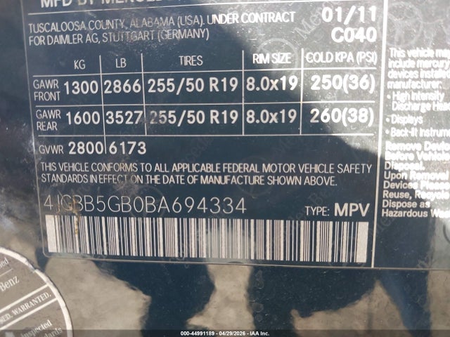 Aukcja sprzedaży 2011 Mercedes-benz Ml 350, vin: 4JGBB5GB0BA694334, numer aukcji: 44991189
