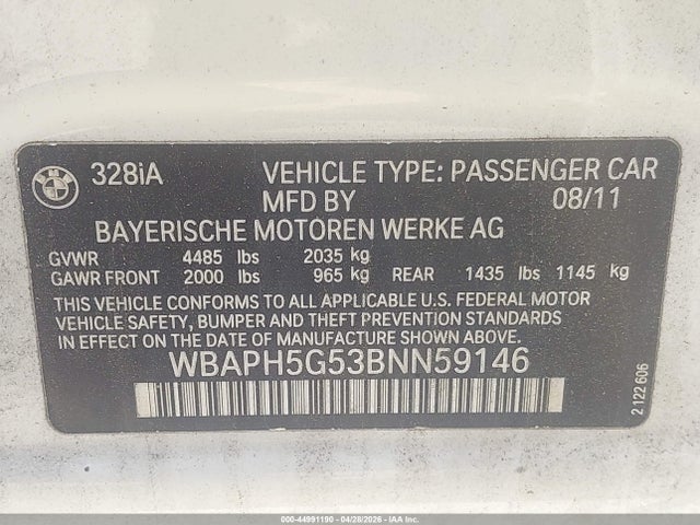 Aukcja sprzedaży 2011 Bmw 328i, vin: WBAPH5G53BNN59146, numer aukcji: 44991190