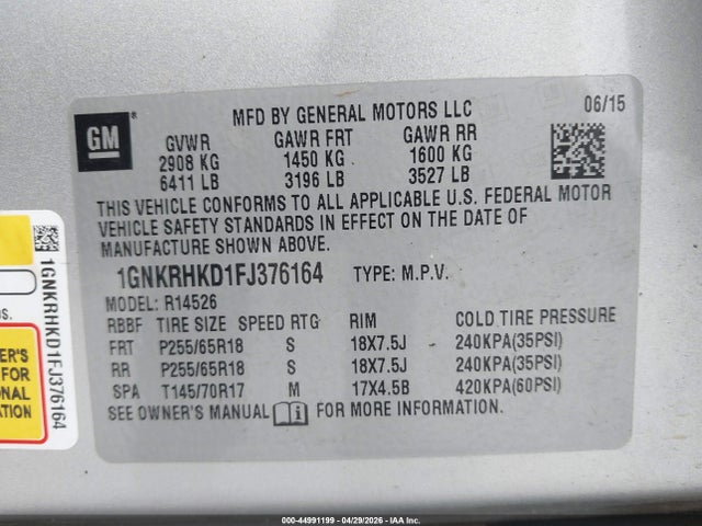 44991199 :رقم المزاد ، 1GNKRHKD1FJ376164 vin ، 2015 Chevrolet Traverse 2lt مزاد بيع