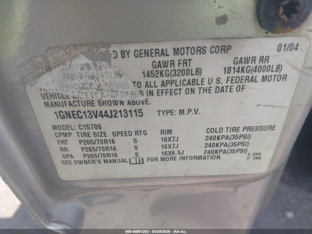 44991202 :رقم المزاد ، 1GNEC13V44J213115 vin ، 2004 Chevrolet Tahoe Ls مزاد بيع