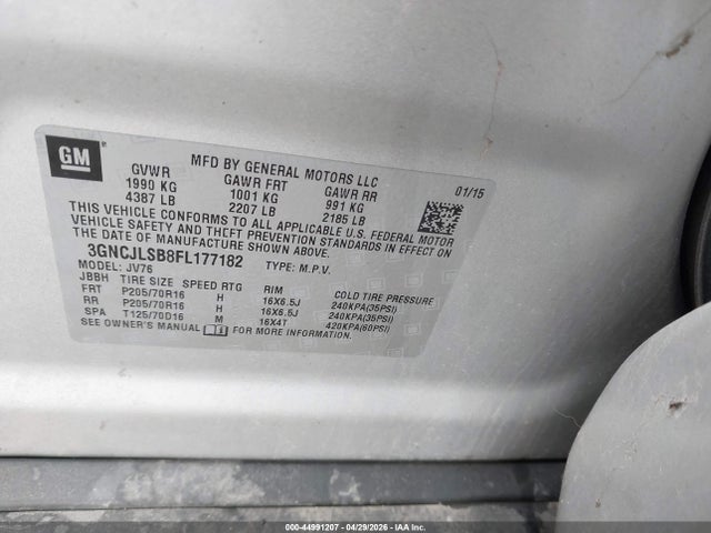 44991207 :رقم المزاد ، 3GNCJLSB8FL177182 vin ، 2015 Chevrolet Trax Lt مزاد بيع