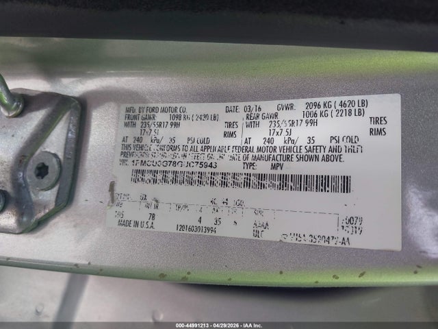 2016 Ford Escape Se მანქანა იყიდება აუქციონზე, vin: 1FMCU0G78GUC75943, აუქციონის ნომერი: 44991213