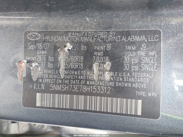 2008 Hyundai Santa Fe Limited/se მანქანა იყიდება აუქციონზე, vin: 5NMSH73E78H153312, აუქციონის ნომერი: 44991219