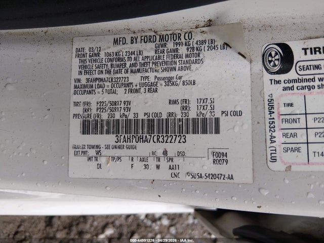 Продаж на аукціоні авто 2012 Ford Fusion Se, vin: 3FAHP0HA7CR322723, номер лоту: 44991226