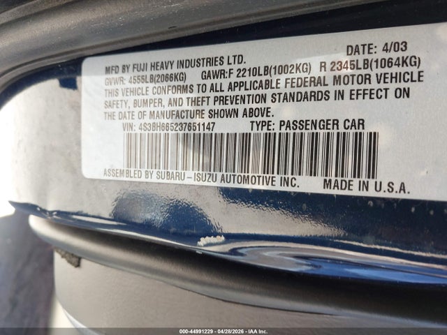 Aukcja sprzedaży 2003 Subaru Outback, vin: 4S3BH665237651147, numer aukcji: 44991229