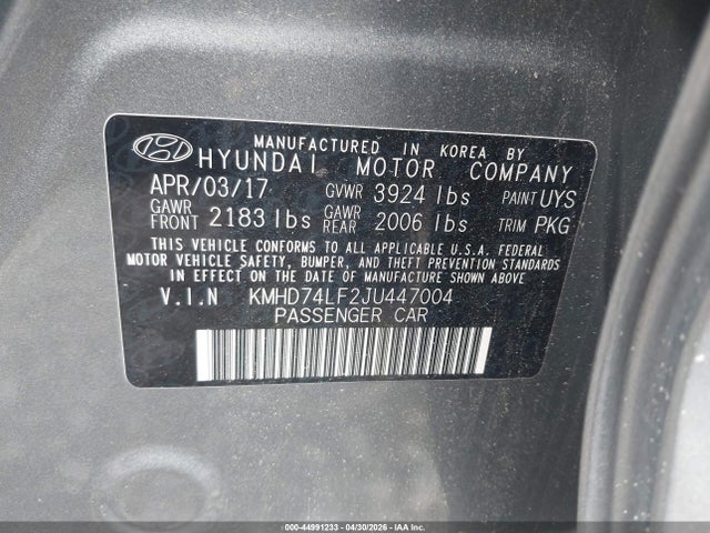 2018 Hyundai Elantra Se მანქანა იყიდება აუქციონზე, vin: KMHD74LF2JU447004, აუქციონის ნომერი: 44991233