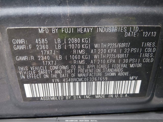44991248 :رقم المزاد ، 4S4BRCMC0E3267659 vin ، 2014 Subaru Outback 2.5i Limited مزاد بيع
