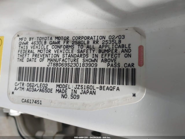 Aukcja sprzedaży 2003 Lexus Gs 300, vin: JT8BD69S230183909, numer aukcji: 44991251