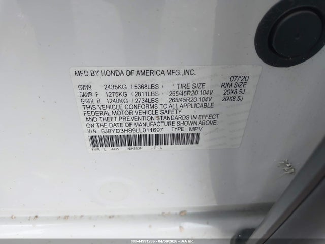 2020 Acura Mdx Advance Package მანქანა იყიდება აუქციონზე, vin: 5J8YD3H89LL011697, აუქციონის ნომერი: 44991266