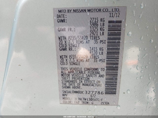 Продажа на аукционе авто 2013 Infiniti Jx35, vin: 5N1AL0MM8DC327786, номер лота: 44991269